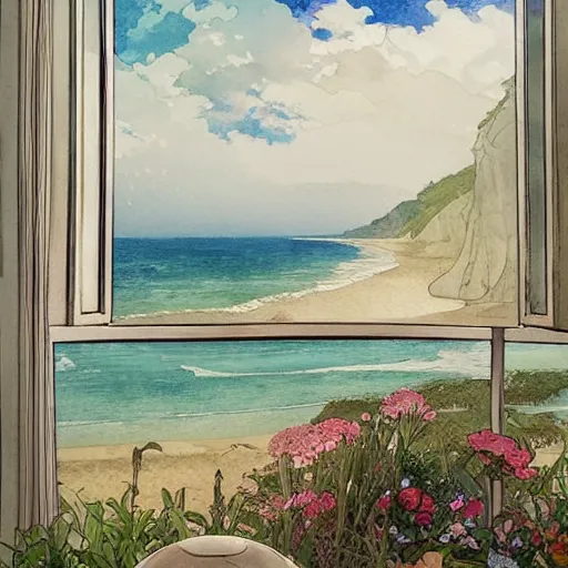 Image similar to a beautiful intricate watercolor illustration of a beach landscape view from a window, 4 k, ultra - wide angle, by william turner, by victo ngai, by alphonse mucha, by miho hirano, hd, trending on artstation, hyper detailed, muted colors