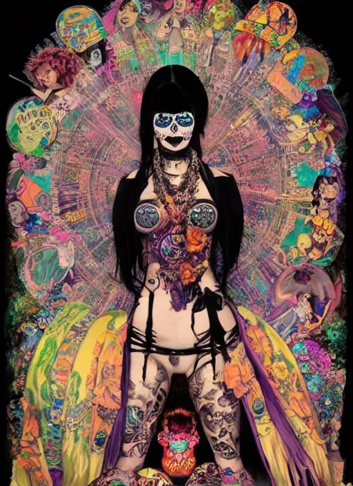 Image similar to cute punk goth fashion fractal Día de los Muertos tattooed girl posing in goth outfit by David Lachapelle, psychedelic poster art of by Victor Moscoso Rick Griffin Alphonse Mucha Gustav Klimt Ayami Kojima Amano Charlie Bowater, masterpiece