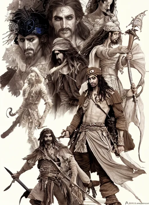 Image similar to detailed pencil spot illustrations of various character concepts from the prince of persia and game of pirates of the caribbean movie, various poses, by burne hogarth, by bridgeman, by anthony ryder, by yoshitaka amano, by ruan jia, by conrad roset, by mucha, cgsociety, artstation.