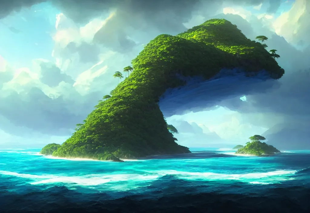 Prompt: island surrounded by ocean with a large hill covered in jungle, epic blue sky, vast ocean, cinematic view, concept art, high detail, well lit, volumetric, godrays, vivid, trending on artstation, by jordan grimmer, art greg rutkowski