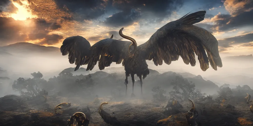 Image similar to bird wings, gold ram horns, copper goat skulls, grand imposing powerful sculpture. swirls of mist. sunrise, intense light beams, lens flare. occult photorealism, uhd, amazing depth, volumetric lighting, cinematic lighting. epic landscape.