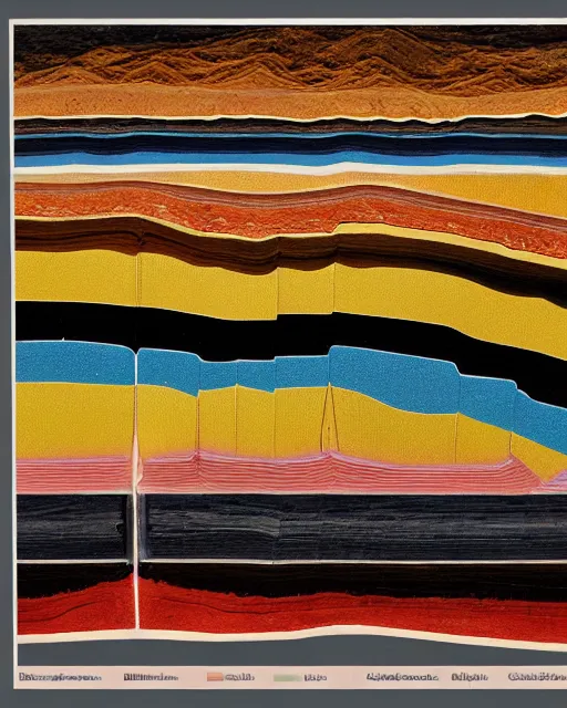 Image similar to a geological chart with layers of colourful strata fused with a temple