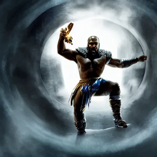 Prompt: portrait of kanye west as zeus, god of thunder, greek god, in mortal kombat, gears of war, mythology, fantasy, splash art, movie still, cinematic lighting, dramatic, octane render, long lens, shallow depth of field, bokeh, anamorphic lens flare, 8 k, hyper detailed, 3 5 mm film grain