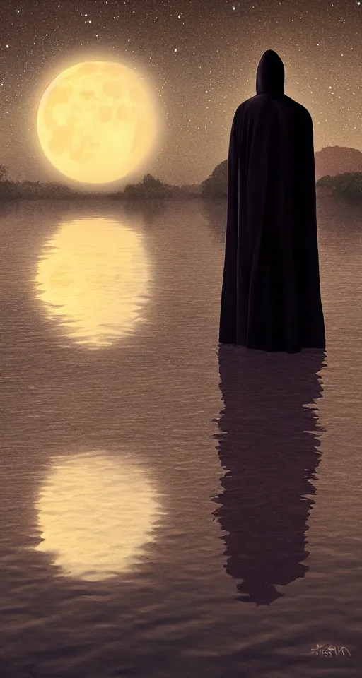 Image similar to beautiful digital painting of a robed figure standing at the side of a dark lake, looking at the reflection of the moon in the water realistic, colorful, highly detailed, unreal engine