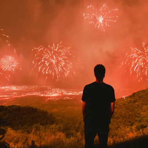 Prompt: Film still. Silhouette of young man. From behind. At night. Hills in the distance. Red fireworks in the sky. Cinematic lighting.