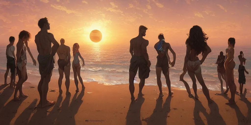 Prompt: a few people watching sunset on a beach with a close planet looming above the sky, intricate, highly detailed, digital painting, trending on artstation, concept art, smooth, illustration, cinematic lighting, art by artgerm and greg rutkowski and alphonse mucha