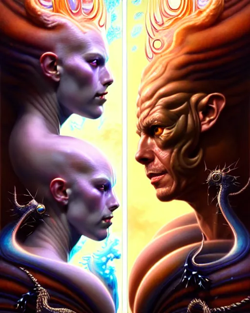 Image similar to a portrait of gemini water and fire fantasy character portrait facing each other, ultra realistic, wide angle, intricate details, the fifth element artifacts, highly detailed by peter mohrbacher, hajime sorayama, wayne barlowe, boris vallejo, aaron horkey, gaston bussiere, craig mullins