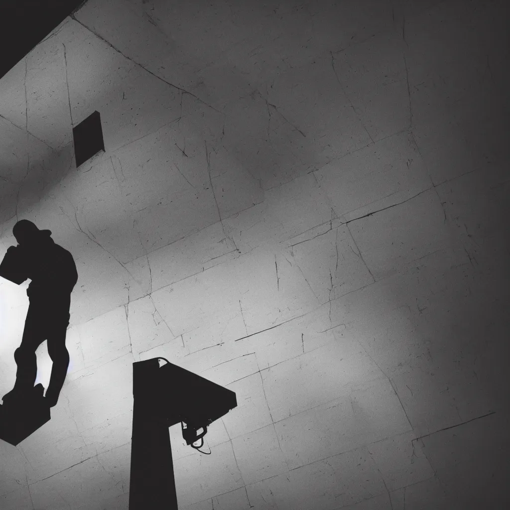Prompt: black and white security camera image of a black silhouette of a man caught in an abandoned brutalism structure