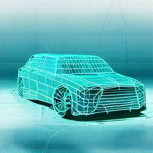 Image similar to turquoise water covers a transparent car wireframe, digital art