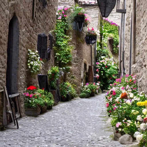 Prompt: Cobblestone walkway through a medieval street with flowers in the windows of the stone buildings on either side