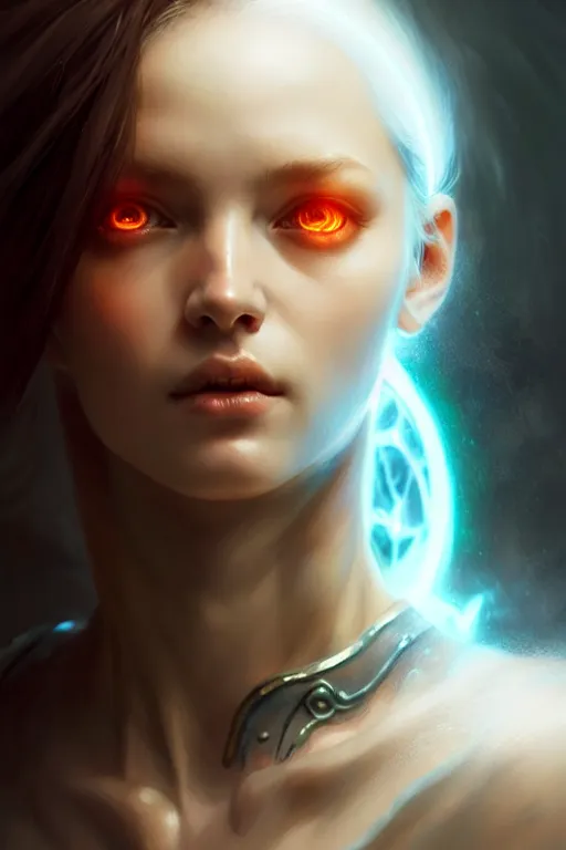 Prompt: beautiful necromancer girl, angels, wonderful eyes, three - dimensional rendering, hyperrealistic detailed portrait holding light and electricity, ruan jia, clap. scifi, fantasy, magic the gathering, over - detailed, octane rendering, concept art by artgerm, peter murbacher, detailed and complex environment