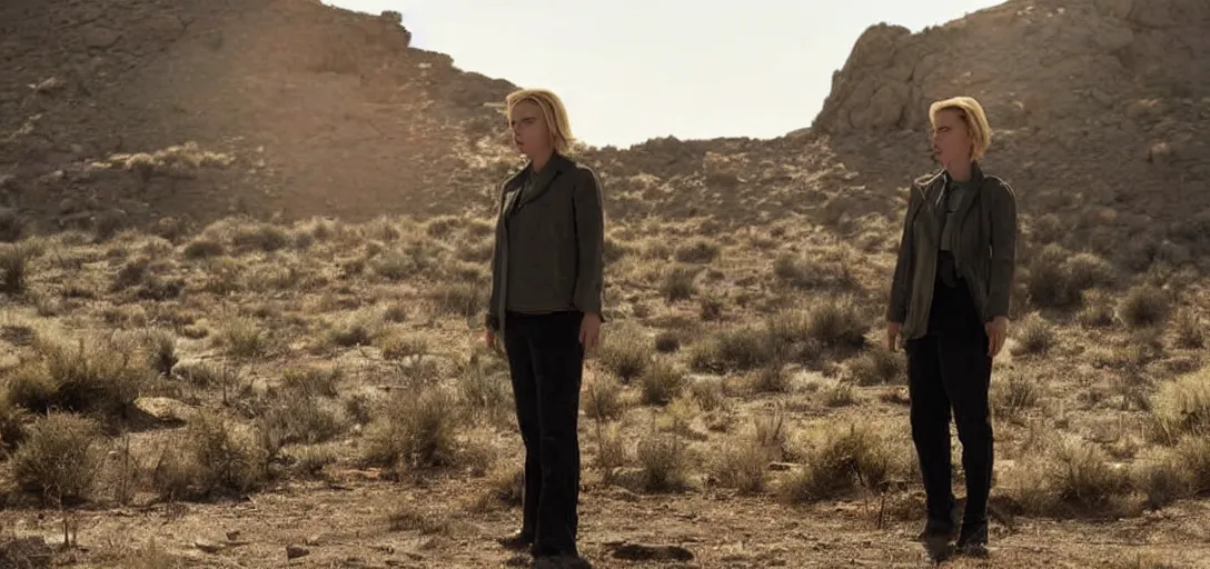 Image similar to cinematic still of scarlett johansson as walter white in breaking bad tv series