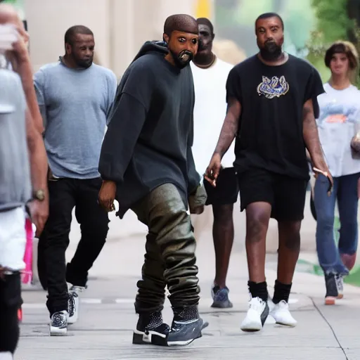 Image similar to a paparazzi photo of kanye west walking next to a giant duck