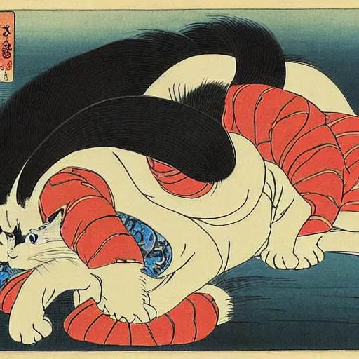 Prompt: japanese cat, ukiyo-e, by Hokusai, by Kuniyoshi