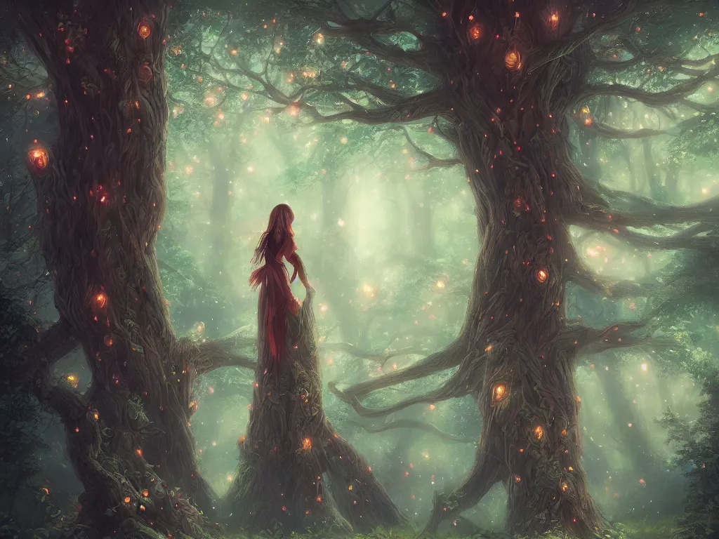 Image similar to Whimsical beautiful painting of a huge Ent standing in a glowing magical forest full of fireflies, cgsociety, trending on artstation