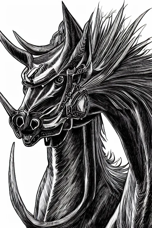 Prompt: evil horse, symmetrical, highly detailed, digital art, sharp focus, trending on art station, kentaro miura manga art style