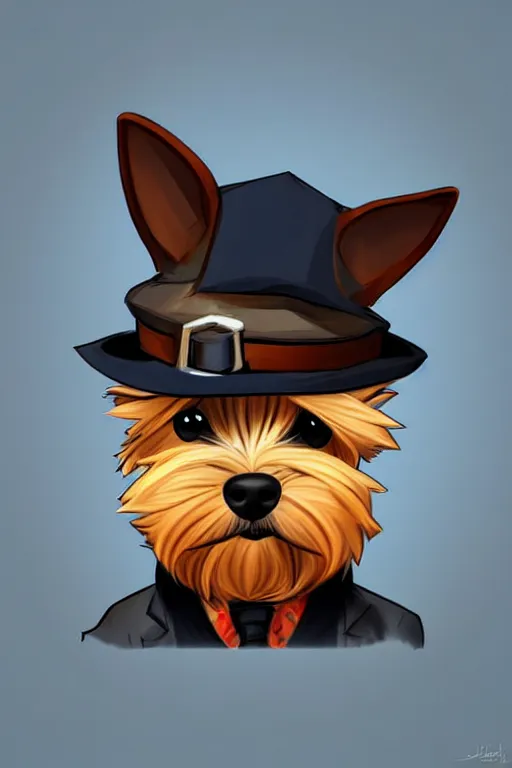 Prompt: the cutest yorkshire terrier detective wearing a fedora hat by Joe Madureira and Johannes Helgeson, trending on artstation, ominous, mysterious
