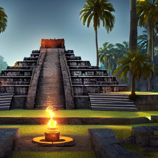 Prompt: an archviz render of a Aztec Temple, torches lit, unreal engine, vray, volumetric lighting, ray tracing, real time ray tracing