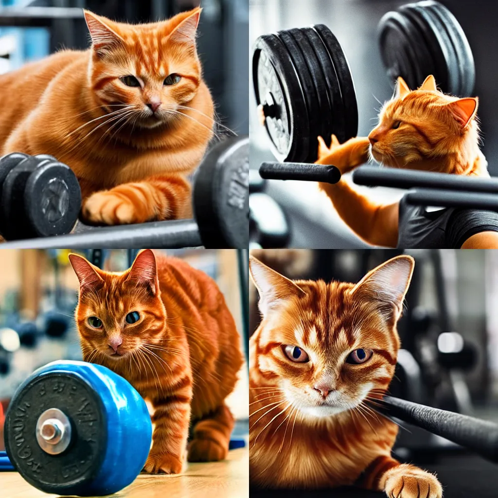 Prompt: a ginger cat at the gym lifting weights, photorealistic,