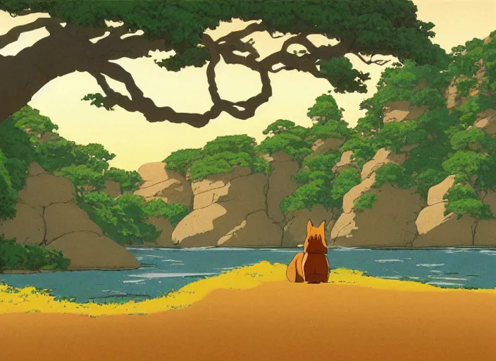 Image similar to bathed in sun, pleasing morning, appealing smooth flat rocky environment sunningrocks by the river's shore, sparse clearing, still placid environment matte painting from studio ghibli and the fox and the hound ( 1 9 8 1 )