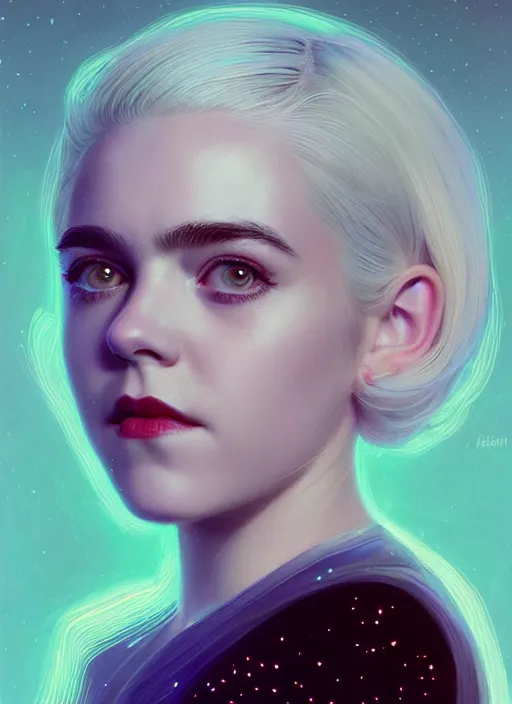 Image similar to portrait of kiernan shipka as sabrina spellman, white hair, intricate, elegant, glowing lights, highly detailed, digital painting, artstation, concept art, smooth, sharp focus, illustration, art by wlop, mars ravelo and greg rutkowski