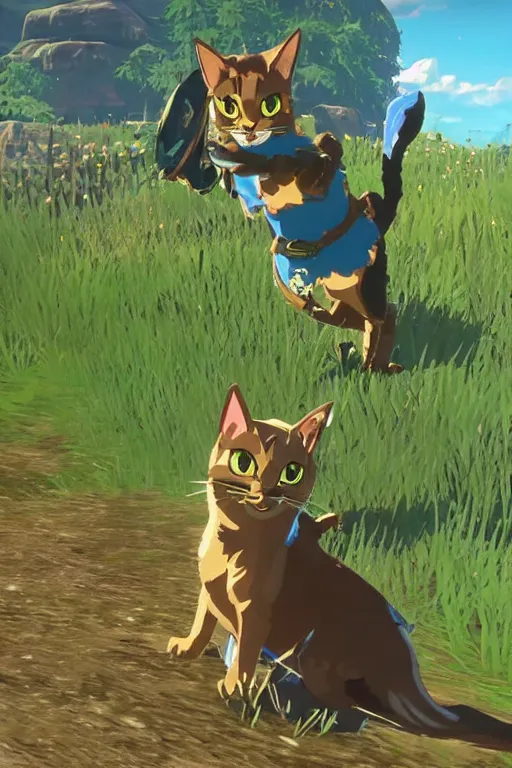 Prompt: in game footage of a cat from the legend of zelda breath of the wild, breath of the wild art style.