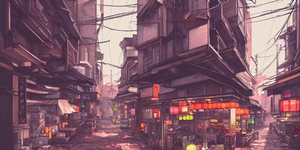 Image similar to japanese downtown, architecture, tokyo street, stylized, alleyway, in watercolor gouache detailed paintings, artstation, 8 k, big medium small, overwatch building, insanely detail, arcane, simon stalenhag, cyberpunk, food stall