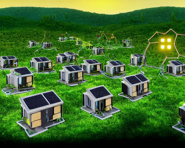 Image similar to connected ecovillage houses with solrarroofs, very big bees flying around - plant goddess high quality photo, microchip, artificial intelligence, bio - mechanical bio - luminescence, black wired cables, neurons, nerve cells, cinematic, rim light, photo - realistic, elegant, high detail, 8 k, masterpiece, high fashion, in the style of man ray