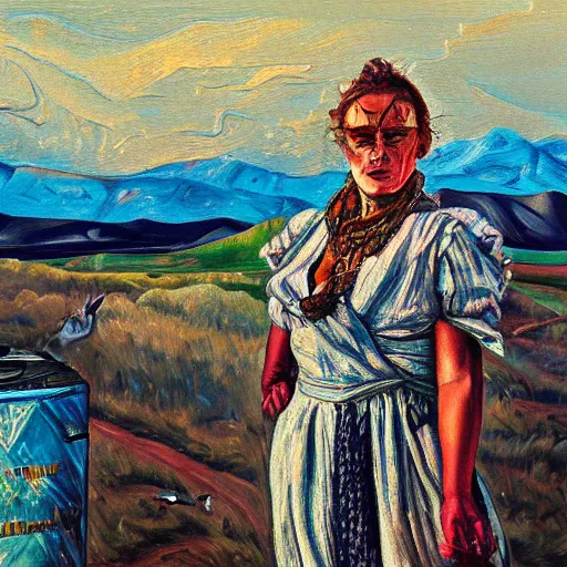 Prompt: beautiful detailed painting of a gypsy standing beside a broken tank at magic hour in the style of lucian freud, concept art, as seen on artstation, wide shot