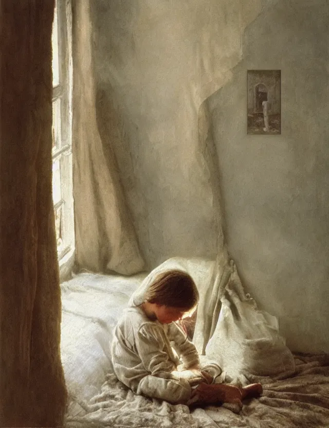 Image similar to peasant boy praying in country house, cottage core, cinematic focus, polaroid photo bleached vintage pastel colors high - key lighting, soft lights, foggy, by steve hanks, by lisa yuskavage, by serov valentin, by tarkovsky, detailed, oil on canvas