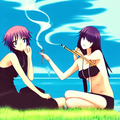 Image similar to two beautiful lesbian girls in love, smoking a hemp cigarette with smoke, sitting in front of a lake, in the style of anime, close - up, pixiv, intricate, elegant, highly detailed, lush, stylized, japanese, smooth