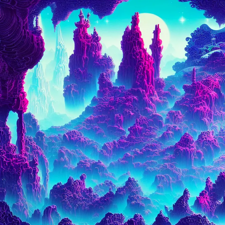 Prompt: mysterious satellites over epic mystical crystal temple, infinite fractal tesseract, quantum waves, synthwave, bright neon colors, highly detailed, cinematic, eyvind earle, tim white, philippe druillet, roger dean, ernst haeckel, lisa frank, aubrey beardsley, kubrick