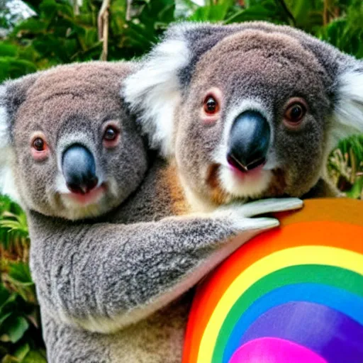 Prompt: two koalas hugging real life with rainbows