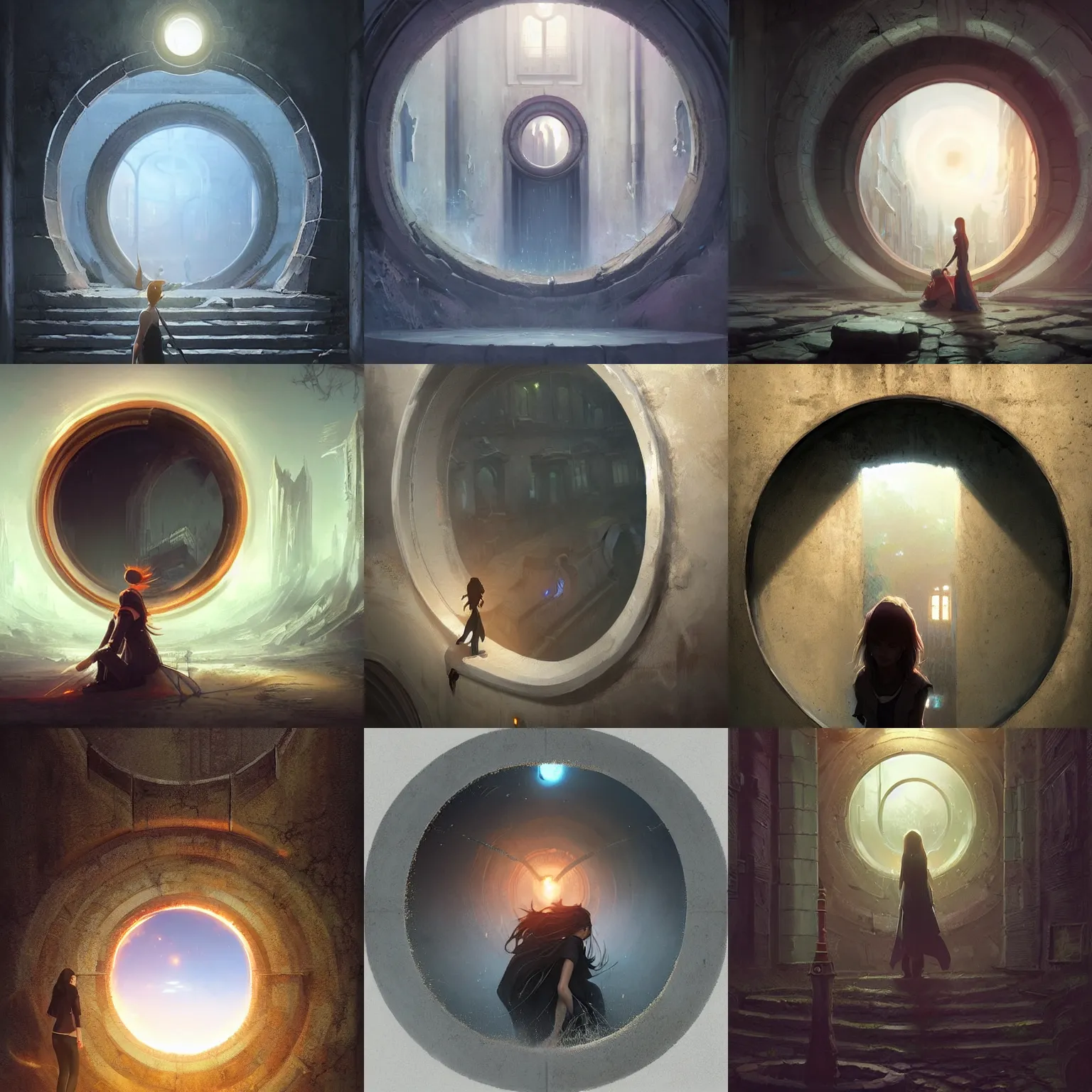 Prompt: wall with a circular magic portal to another world. framed, centralized, ethereal, urban fantasy, smooth, sharp focus, high detailed digital art trending in artstation. artist greg rutkowski