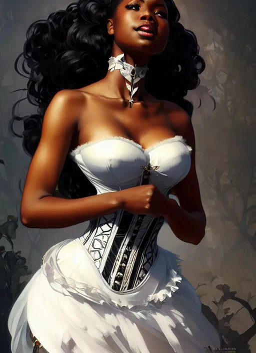 Image similar to cute black woman wearing a white corset dress, fantasy, intricate, highly detailed, digital painting, artstation, concept art, wallpaper, smooth, sharp focus, illustration, art by artgerm and greg rutkowski and alphonse mucha