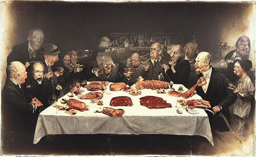 Image similar to daguerreotype of a formal dinner party involving a great deal of meat on a table in a dark kitchen watched by a fat monster in one corner, painted by rick berry and norman rockwell and zdzislaw beksinski, highly detailed