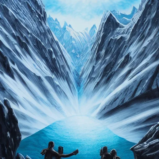 Image similar to epic masterpiece of confrontation between mountain face gods Antarctica, gift of birth, origin mythos, astounding beauty, cinematic, establishing shot, extremely high detail, photorealistic, cinematic lighting, intricate line drawings, 8k resolution