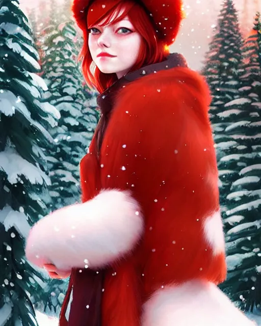 Prompt: emma stone with red hair in ushanka, winter forest decoration on the background, a beautiful half body illustration, top lighting, perfect shadow, soft painting, art by hidari and krenz cushart and wenjun lin