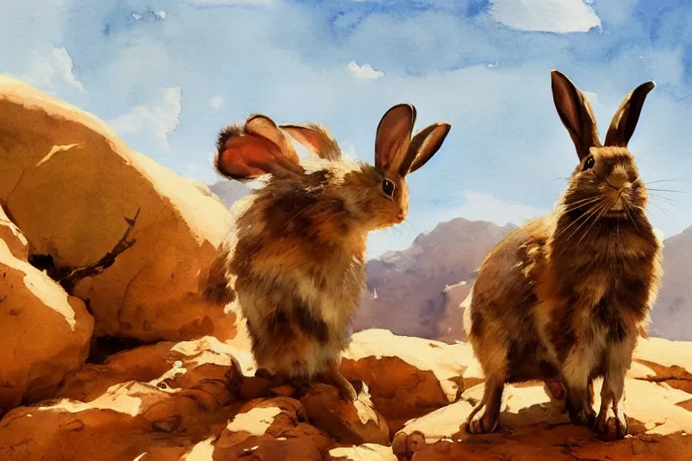 Prompt: watercolor painting of rabbit in rocky desert landscape closeup, ambient lighting, art by hans gude, art by hans dahl, by jesper ejsing, art by anders zorn, wonderful masterpiece by greg rutkowski, cinematic light, american romanticism by greg manchess, creation by tyler edlin