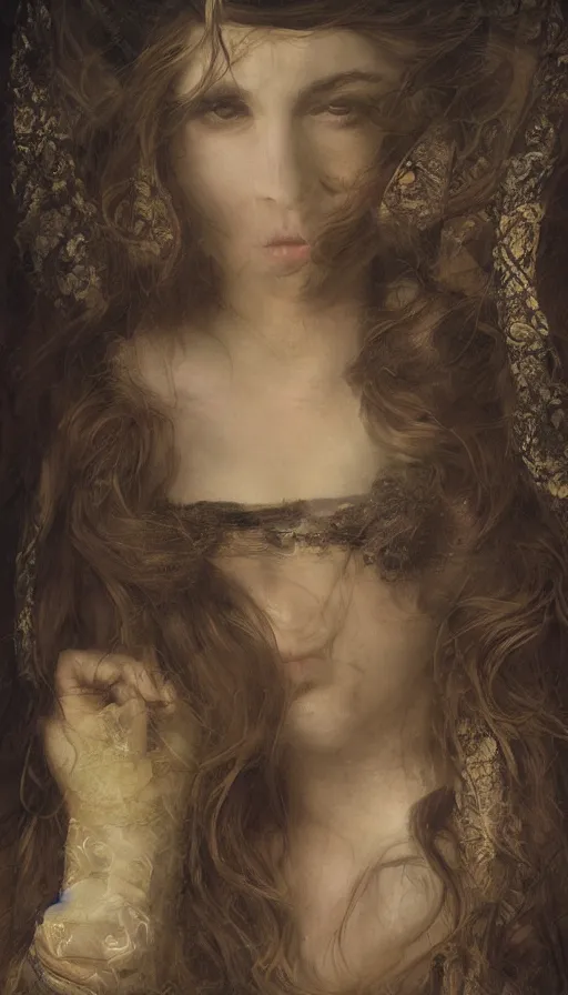 Image similar to An extremely beautiful pre-raphaelite ornate portrait of a beautiful young attractive woman, professionally painted digital art illustration, smooth, sharp focus, atmospheric lighting, highly detailed illustration highlights, golden ratio, extremely detailed winning award masterpiece, 8K post-processing