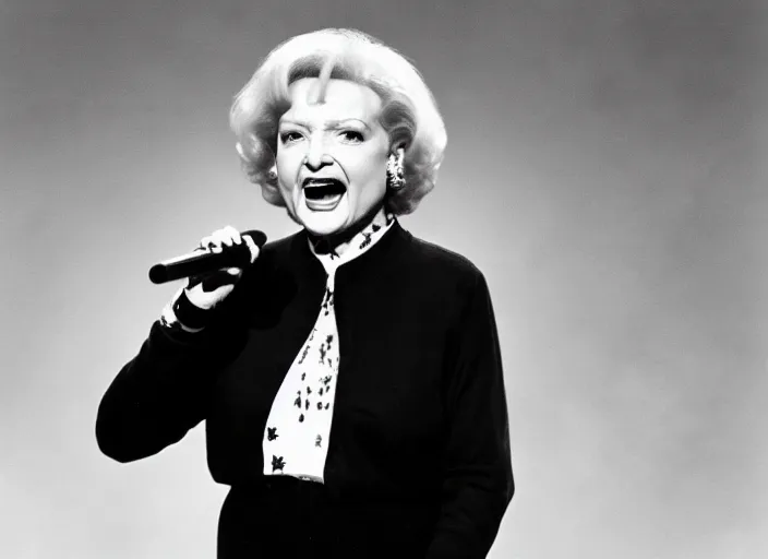 Image similar to publicity photo still of betty white as a gangsta rapper live on stage, 8 k, live concert lighting, mid shot