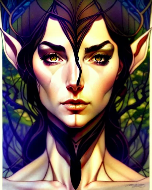 Image similar to artgerm, joshua middleton comic cover art, full body pretty female elven wood elf, symmetrical eyes, symmetrical face, long curly black hair, beautiful forest, rim lighting