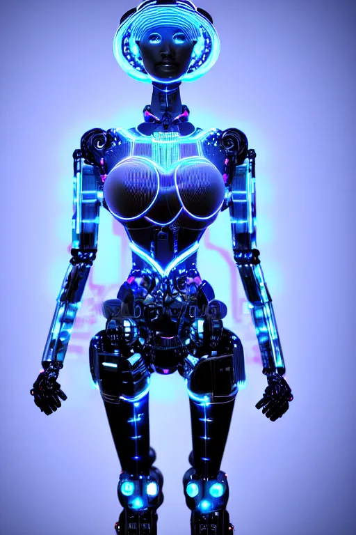 Prompt: a stunning robot woman with cybernetic enhancements, wires, led lights, glowing lights, futuristic, 3 d render