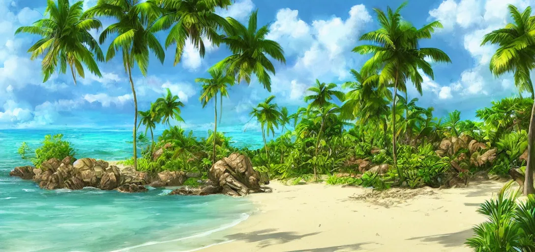 Prompt: beautiful tropical island beach, lush vegetation, white sand beach, tropic plants and flowers, clear water, establishing shot, concept art, artstation, thick oil painting, style by greg carter