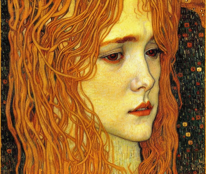 Image similar to detailed realistic beautiful young medieval queen face portrait by jean delville, gustav klimt and vincent van gogh, art nouveau, symbolist, visionary, gothic, pre - raphaelite, muted earthy colors, desaturated