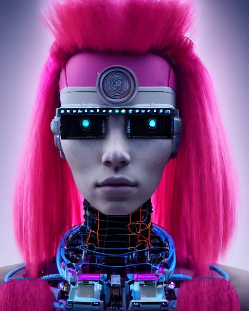 Image similar to portrait of a beautiful peruvian woman with pink hair as a cyberpunk cyborg half robot, revealing wires and electronics, hooked - up, sci - fi, missing panels, intricate abstract upper body intricate artwork, concept art, octane render, deviantart, cinematic, key art, hyperrealism, iridescent accents, portrait photograph, nikon 3 5 mm, photograph by greg rutkowski