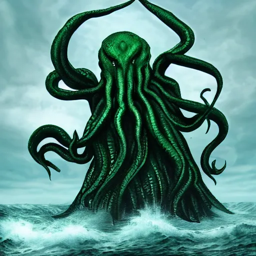 Image similar to cthulhu rising from the ocean, digital art, 4k, dark