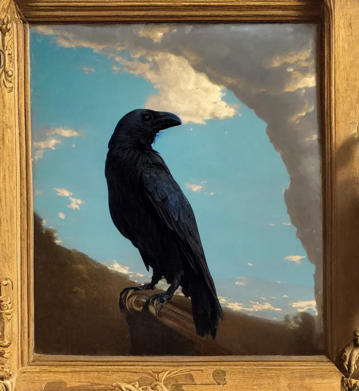 Image similar to a beautifully photoreal clear detailed victorian portrait of a close up raven on a victorian windowsill with an ornate velvet dark teal curtain at beautiful sunset daytime nature sunlit painting by frederic leighton and turner and morris and rosetti, humerous, cheeky, 8 k, octane render