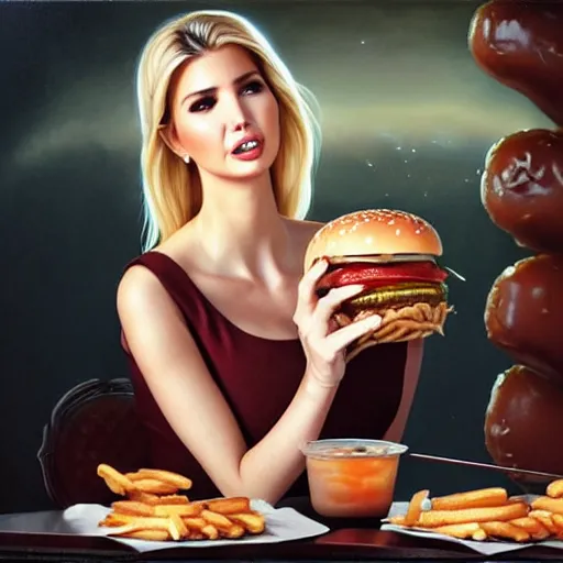 Image similar to Ivanka Trump eating a mcdonald's big mac hamburger, dripping BBQ Sauce, serving burgers, intricate, elegant, feminine ethereal, hearthstone, D&D, magical mystical, highly detailed, digital painting, artstation, concept art, matte, sharp focus, hyperreal, art by Artgerm and Greg Rutkowski and Alphonse Mucha