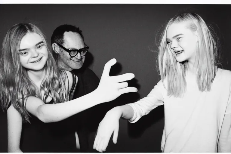 Image similar to photo of elle fanning pointing and laughing at some incel loser that makes repeated photos of her on stable diffusion because he's a sick loser. polaroid. terry richardson.